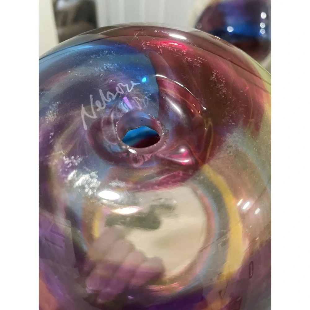 Stephen R. Nelson Signed Hand Blown Studio Art Glass Vase Multicolor Ribbon 8.5